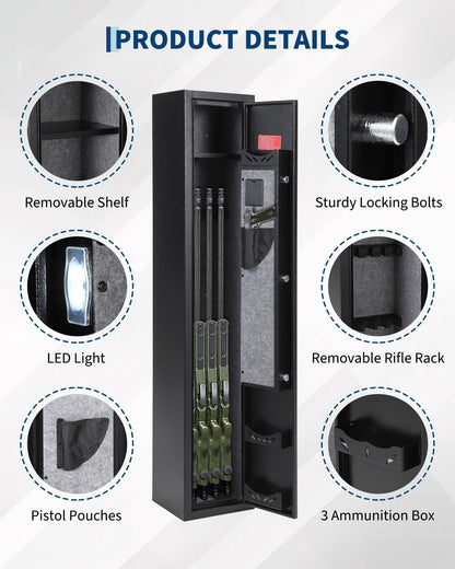 3-4 Gun Safes, Gun Cabinet for Rifles and Pistols, Quick Access Rifle Safe with Removable Shelf, Multifunction Lock, Pistol Pockets for Home Office
