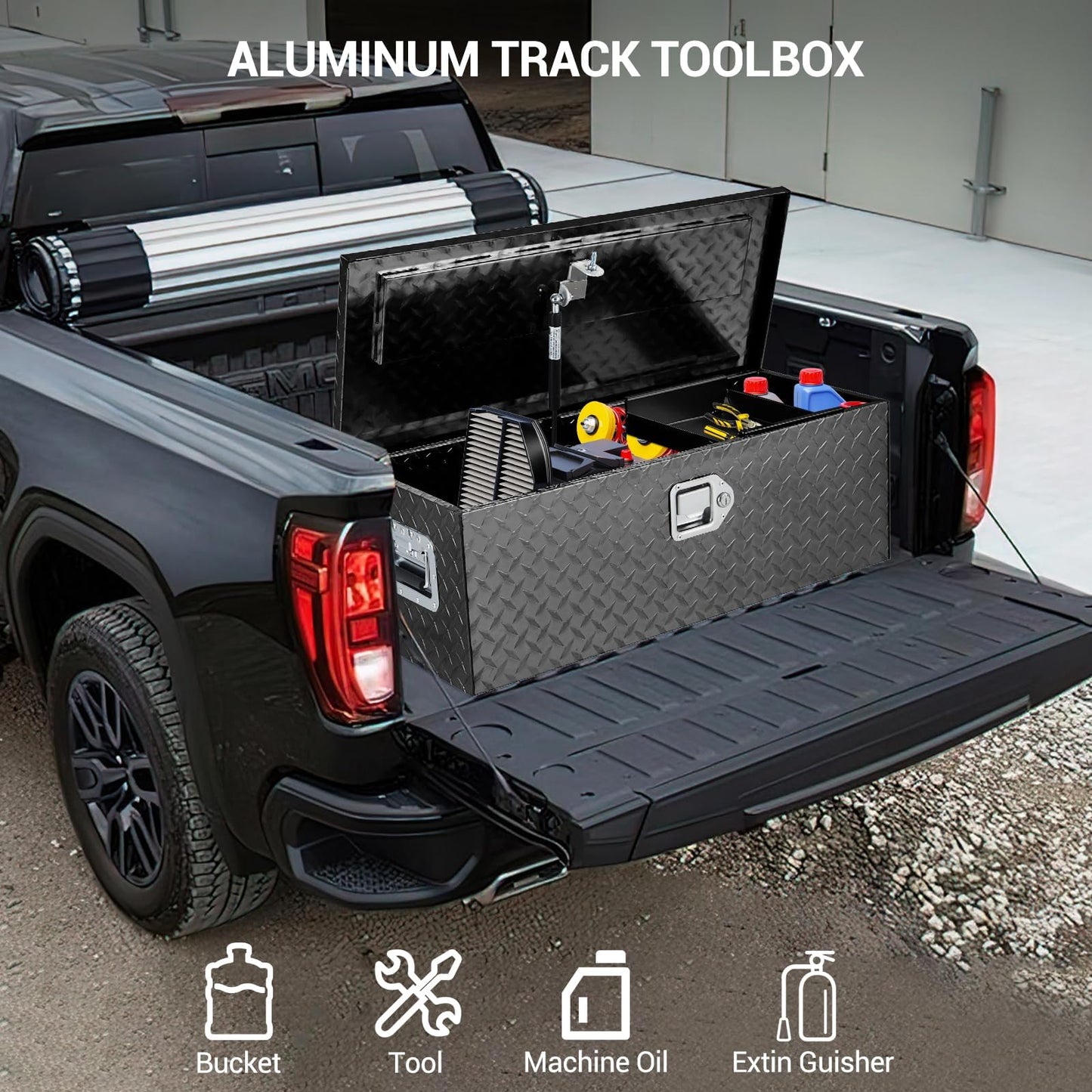 SierraSquad Heavy Duty Aluminum Truck Bed Storage Box, Lockable Waterproof Diamond Plate Chest with Sliding Shelf, Side Handles, Fits Pickup RV Trailer, Secure Organizer Toolbox, 30”