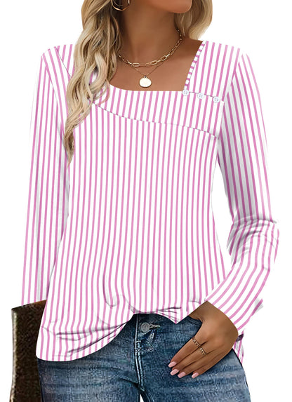 OFEEFAN Long Sleeve Shirts for Women Fall Clothes Asymmetric Square Neck Tunic Tops Decorative Buttons