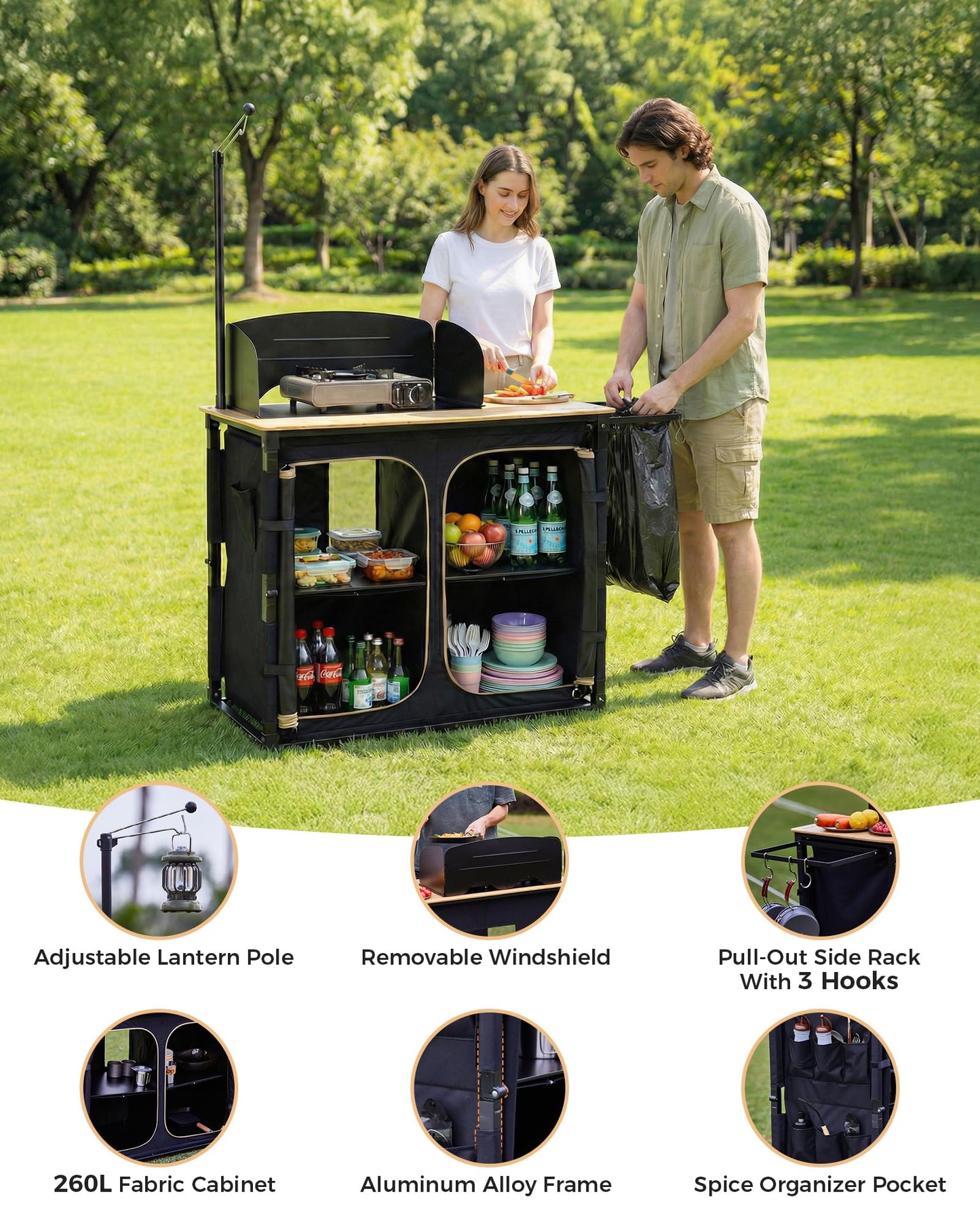 KingCamp Bamboo Camp Kitchen Table, Folding Overland Camping Table with Windscreen & Lantern Pole, Portable Outdoor Cooking Organizer with Storage Cabinets for RV Trip, Tailgating, BBQ, Picnic