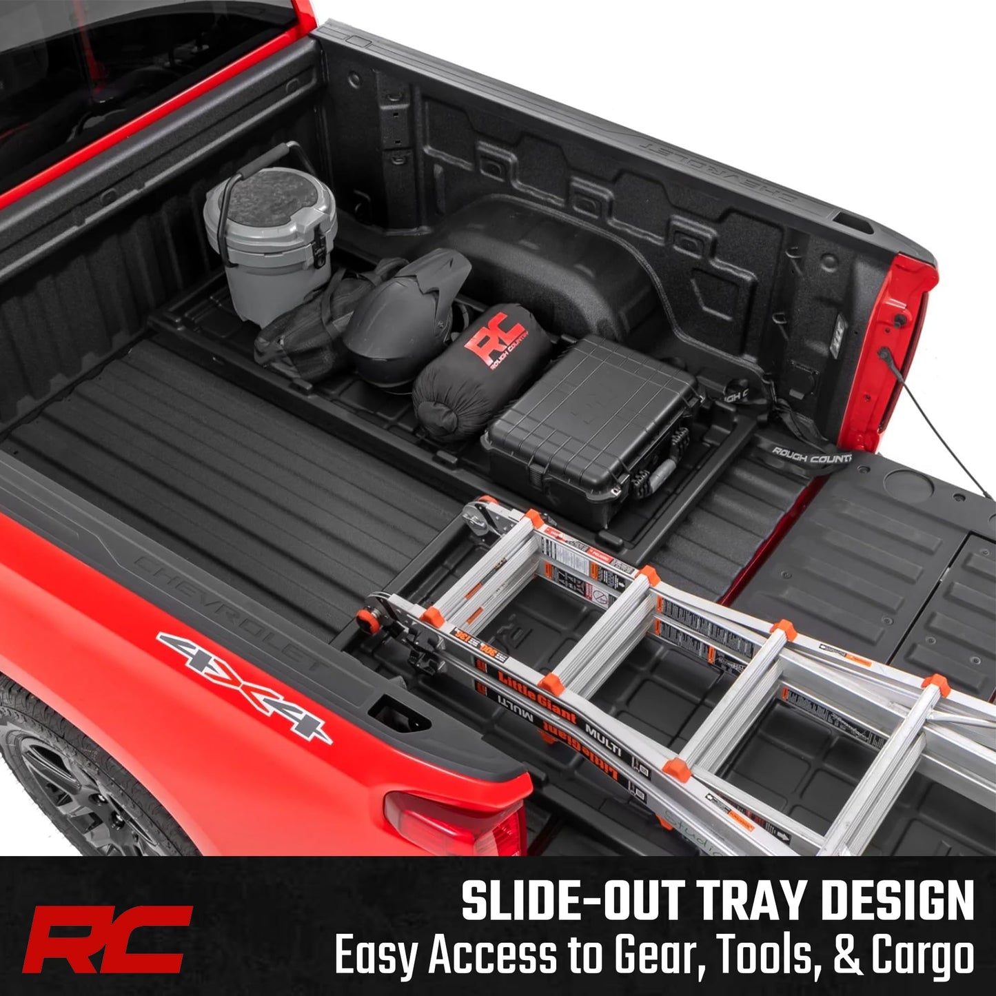 Rough Country Slide-Out Truck Bed Cargo Tray - Organizer for 5'7"+ Beds, Heavy-Duty Polyethylene, UV-Protected, Easy Tailgate Access