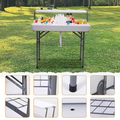 Nice C 4 ft Folding Ice Cooler Table, Party Cooler, Grazing Table, Tables with Drain, Bar Cooler Tables, with Matching Skirt, Storage Shelf (White)