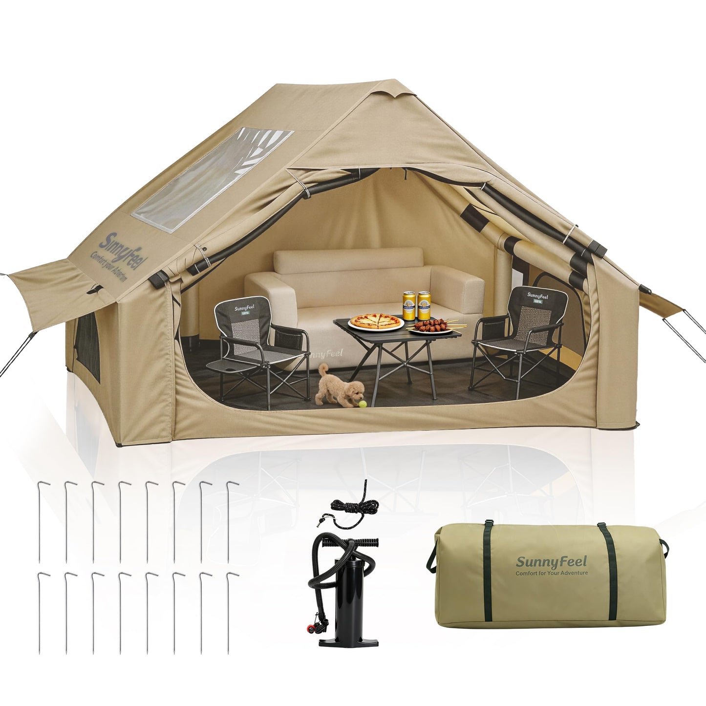 Inflatable Glamping Camping Tent 4-6 Person, 5 Min Quick Setup Tent with Pump, Waterproof Windproof Heavy Duty Oxford, Panoramic Skylight, 4 Season Family Outdoor Shelter