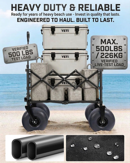 Hikenture Beach Wagon with 12" Balloon Wheels, Upgraded PU Tires Collapsible Wagon, 500lbs Heavy Duty Beach Cart for Sand, Large Capacity Foldable Utility Wagon for Family Outings