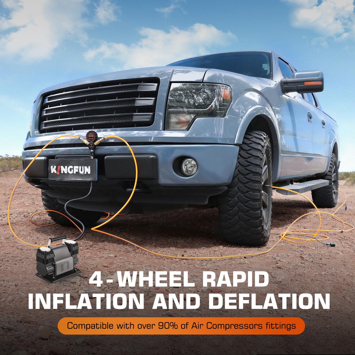 Kingfun 4 Tire Inflation & Deflation System, Rapid High Flow 4 Way Tire Inflator Hose Kit with Digital Pressure Gauge, Fits Up to 220" Wheelbase for Off-Road, Jeep, Truck, SUV