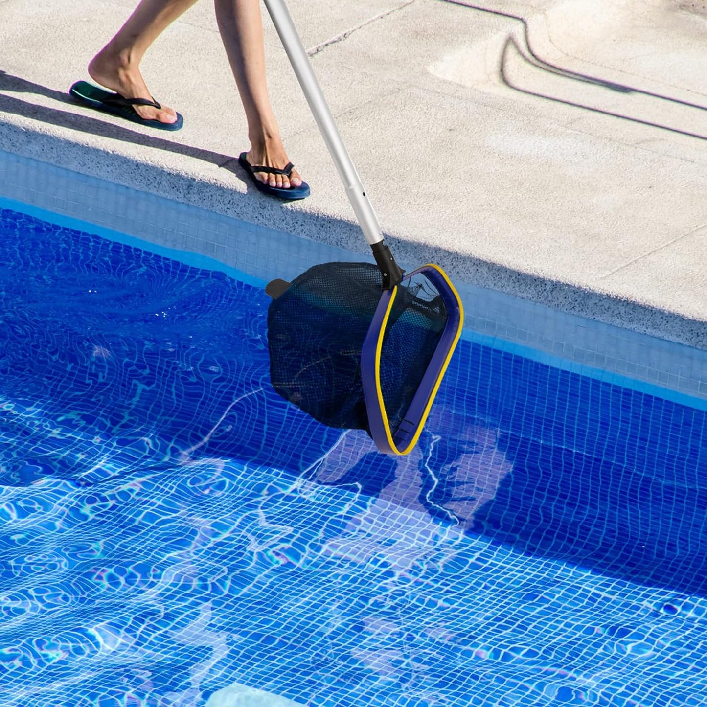 Poolvio Pool Deep Skimmer Net - Adjustable 3ft to 10ft Aluminum Pole & Fine Mesh Bag for All Pools