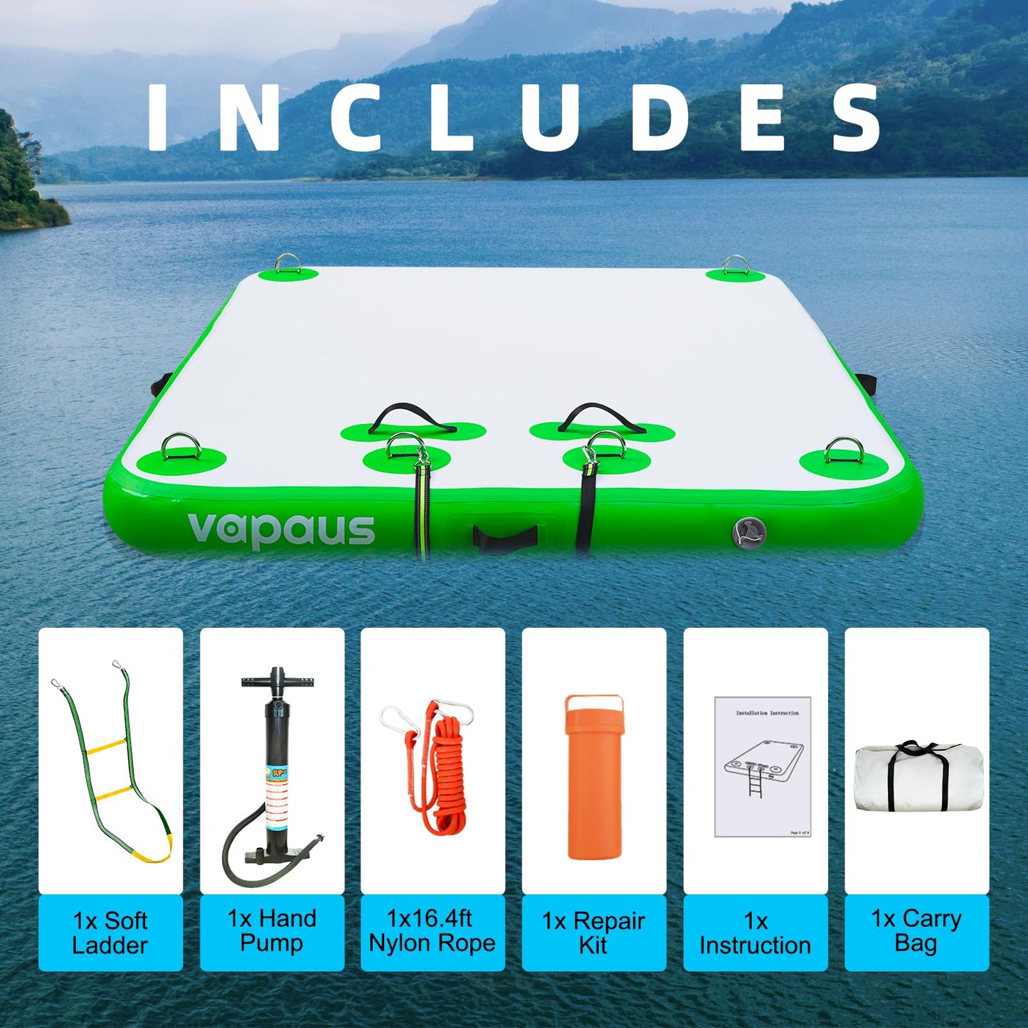 Vapaus Inflatable Floating Dock Air Dock Platform 6ft/8ft/10ft Non-Slip Inflatable Water Swim Mat Floating Island Raft for Pool Lake Beach Ocean Fishing Relaxing (Lagoon Green, 5ft x 6ft x 6")