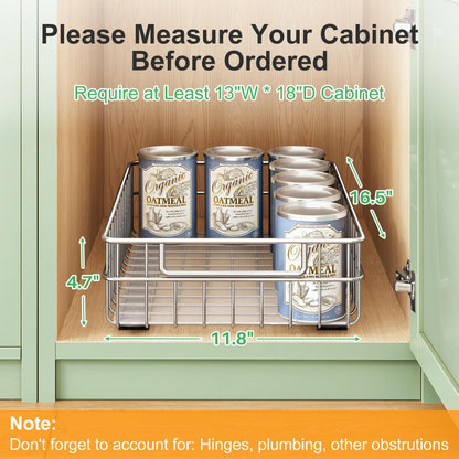 Pull out Cabinet Organizer, Stainless Steel 2-Pack Slide out Drawer with Silent Full-Extension Slides, Adhesive Roll out Can Spice Storage Basket Shelf Rack for Pantry, Kitchen, Bathroom, Home Closet