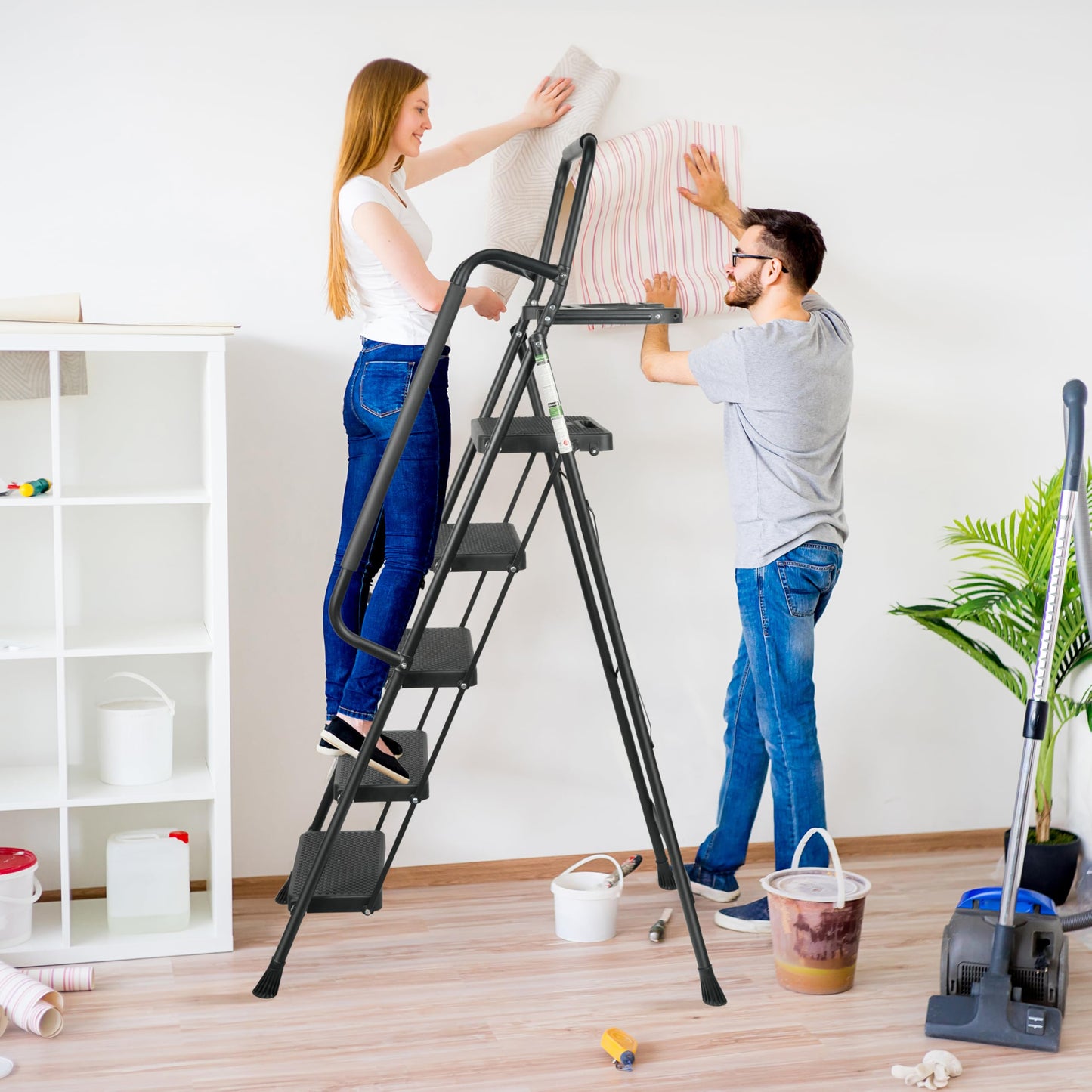 Arbusb Step Ladder, Folding Step Stool with Wide Anti-Slip Pedals, Sturdy Steel Ladder with Handrail, Space-Saving, Portable for Home & Adults, 5 Step Ladder