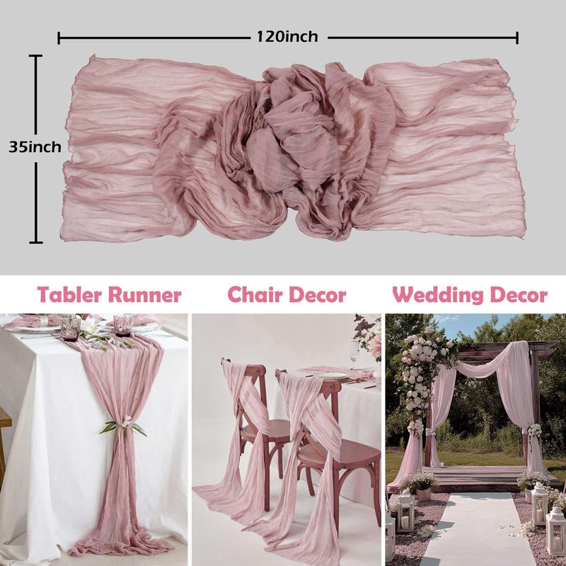 LuxeLouise 2 Pack Cheesecloth Table Runner 120 Inch Cheese Cloth Table Runner 10ft Chiffon Gauze Table Runners for Table Decor Birthday Party Baby Shower and Bridal Shower Decorations(Dusty Pink)