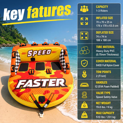 ZeahVeyora Towable Tube for Boating,1-3 Rider Mable Style Inflatable Water Tube with Storage Bag,Tow Rope & UL Certified Electric Air Pump,Full Nylon Cover,Dual Tow Point, Quick Inflation & Deflation