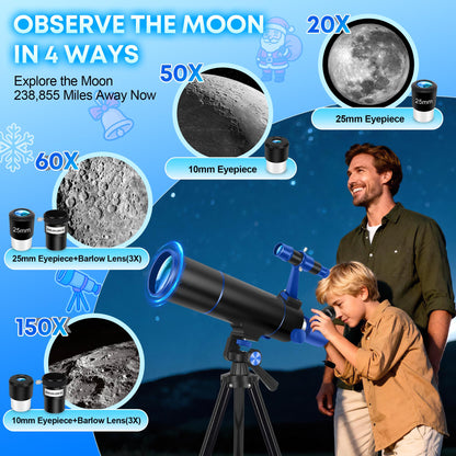 Hawkko Telescope for Adults & Kids Beginners, 80mm Aperture 500mm Telescopes for Adults Astronomy, (20X-150X) Portable Refractor Telescope Kit with Decorate Stickers, Backpack, Phone Adapter-BlackBlue