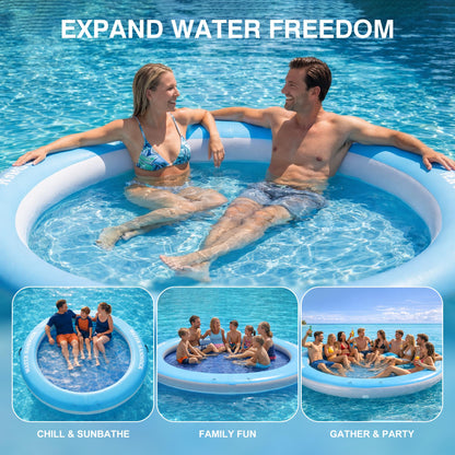 Round Floating Ring Inflatable Water Hammock 8FT & Floating Dock – Adult Air Platform & Island Raft Mat, Sunbathing, Swim Platform, Detachable Ladder & Carry Bag