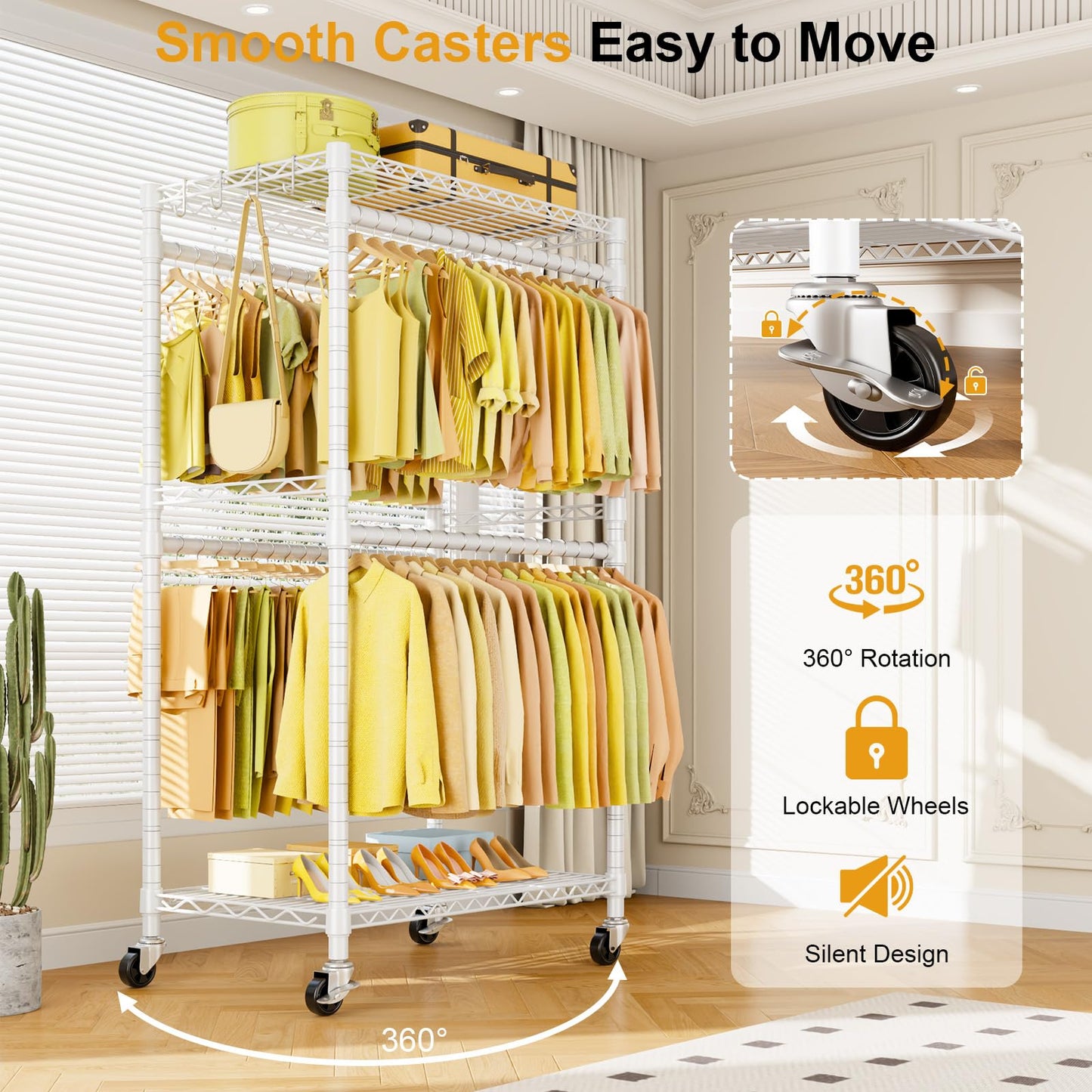 ULIFHOME P4 Rolling Clothes Rack Heavy Duty, Clothing Racks for Hanging Clothes, Freestanding Garment Racks with Wheels, Metal Portable Closet Rack 35.5''W × 20.5''D × 80.5''H, Max Load 560Lbs, White