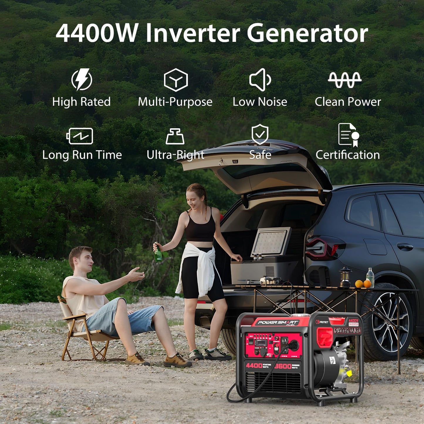 PowerSmart 4400-Watt Open Frame Inverter Generator, Gas Powered, CO-Sensor, Lightweight & Quiet for Home Use and Emergency Backup, Camping, EPA Compliant
