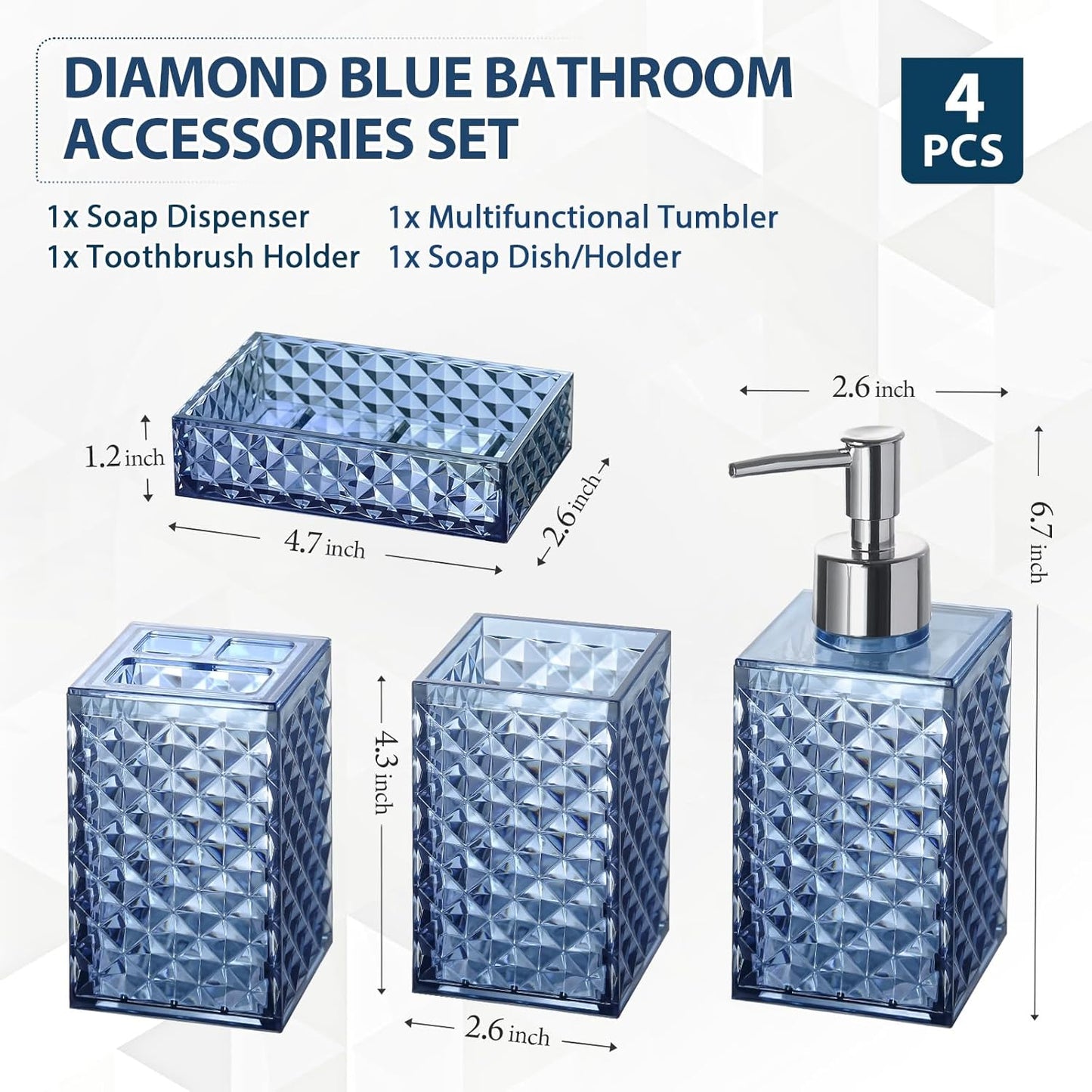 RYTOXILO Bathroom Accessories Set - 4 Pack Blue Acrylic Bath Essentials | Diamond Soap Dispenser & Toothbrush Holder