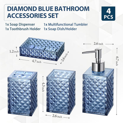 RYTOXILO Bathroom Accessories Set - 4 Pack Blue Acrylic Bath Essentials | Diamond Soap Dispenser & Toothbrush Holder