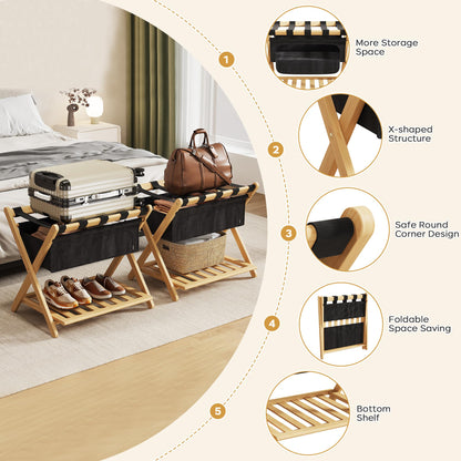 Full Assembled 26.77"L Luggage Rack for Guest Room, Set of 2 Foldable Suitcase Stand with 5 Nylon Straps & Cloth Bag, Luggage Stand Holder with Shoe Shelf for Suitcases Hotel (Natural Wood Bamboo)