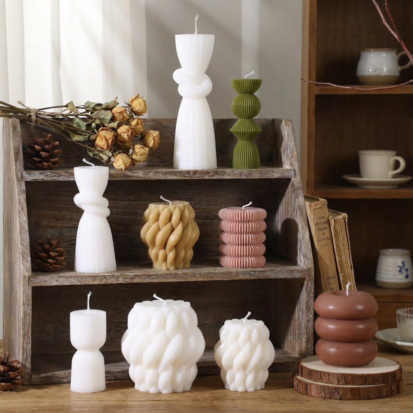 Conelist 9pcs Rustic Farmhouse Pillar Candles Set 3.1"-7.7" Handmade Neutral Soy Wax Ribbed Scented Aesthetic Swirl Candle for Dining Table Centerpiece Home Wedding Decor