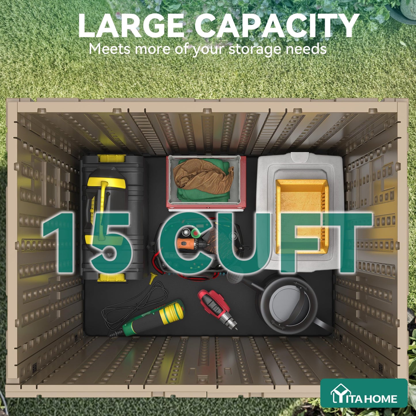 YITAHOME Outdoor Storage Cabinet with 2 Shelves, Waterproof Resin Horizontal Tool Shed, Lockable 15 cu. ft. Storage Shed for Patio, Garden, Yard, Brown