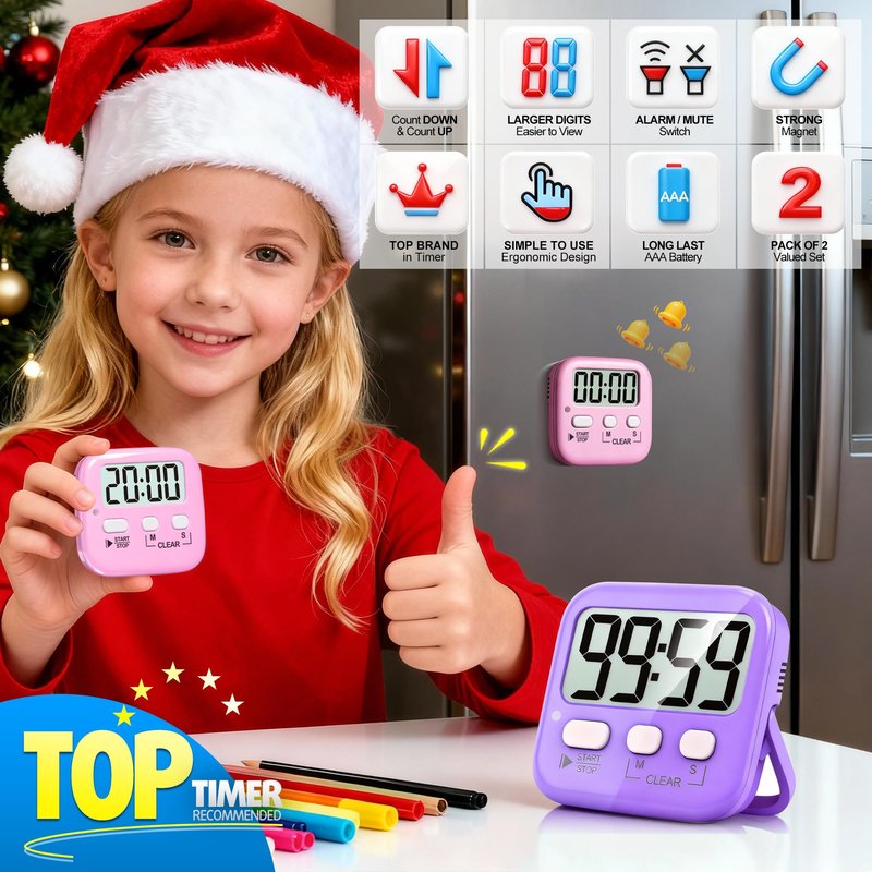Antonki 2 Pack Digital Timer for Kids, Magnetic Countdown Kitchen Timers for Cooking, Egg, Classroom, Teacher, Exercise, Study, Oven - Battery Included