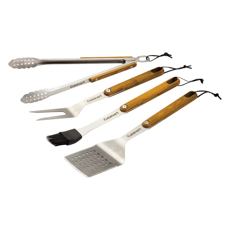 Cuisinart CGS-1100 (Spatula, Locking Tongs, Fork, Basting Brush) 4-Piece Grill Tool Set, Ash Wood Handle