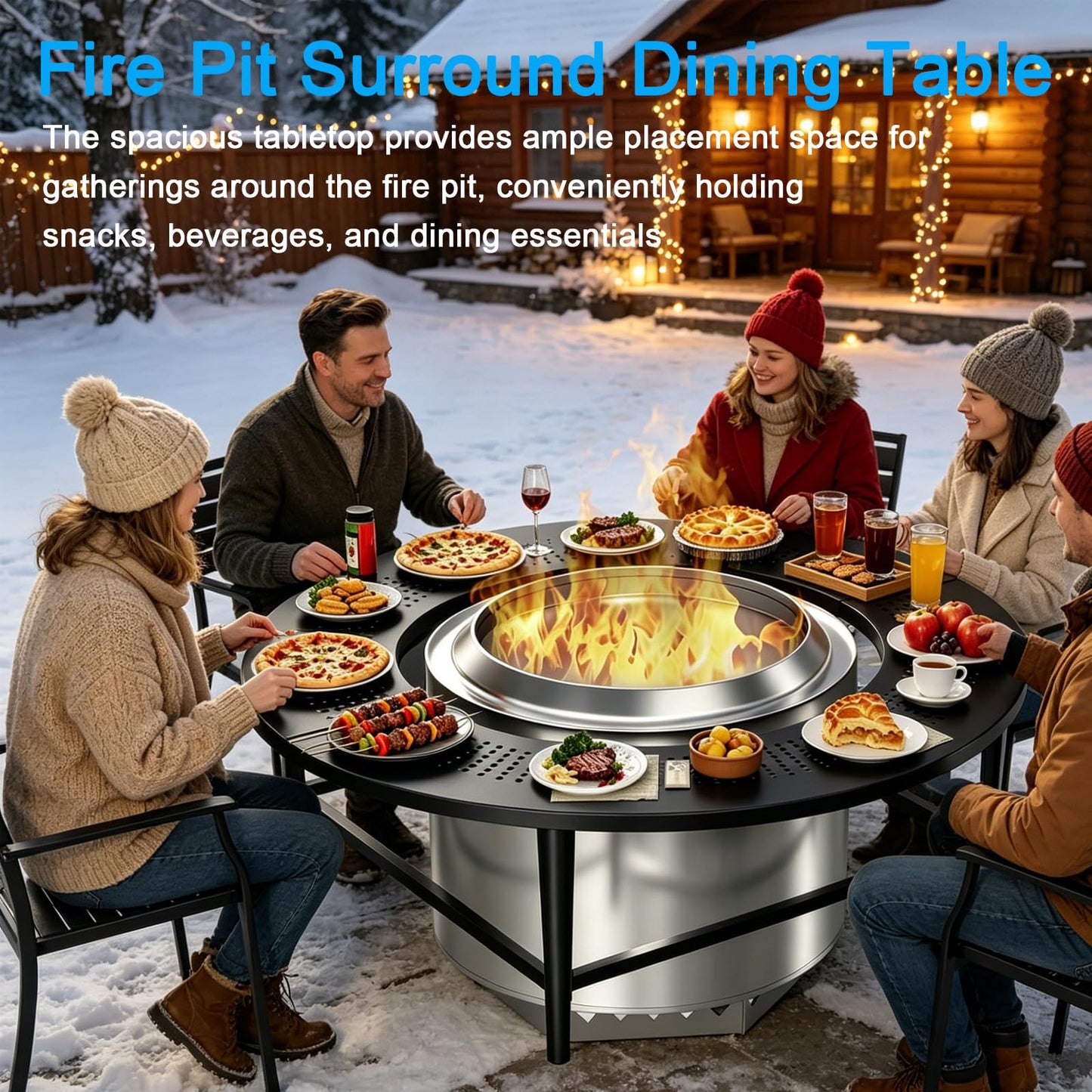 LS'BABQ 40" Fire Pit Surround Tabletop with Waterproof Cover for Solo Stove Bonfire & Ranger, Round Outdoor Fire Pit Table for Most Wood-Burning Stoves Under 22" Dia for Camping, Powder-Coated Steel