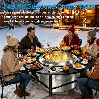 LS'BABQ 40" Fire Pit Surround Tabletop with Waterproof Cover for Solo Stove Bonfire & Ranger, Round Outdoor Fire Pit Table for Most Wood-Burning Stoves Under 22" Dia for Camping, Powder-Coated Steel