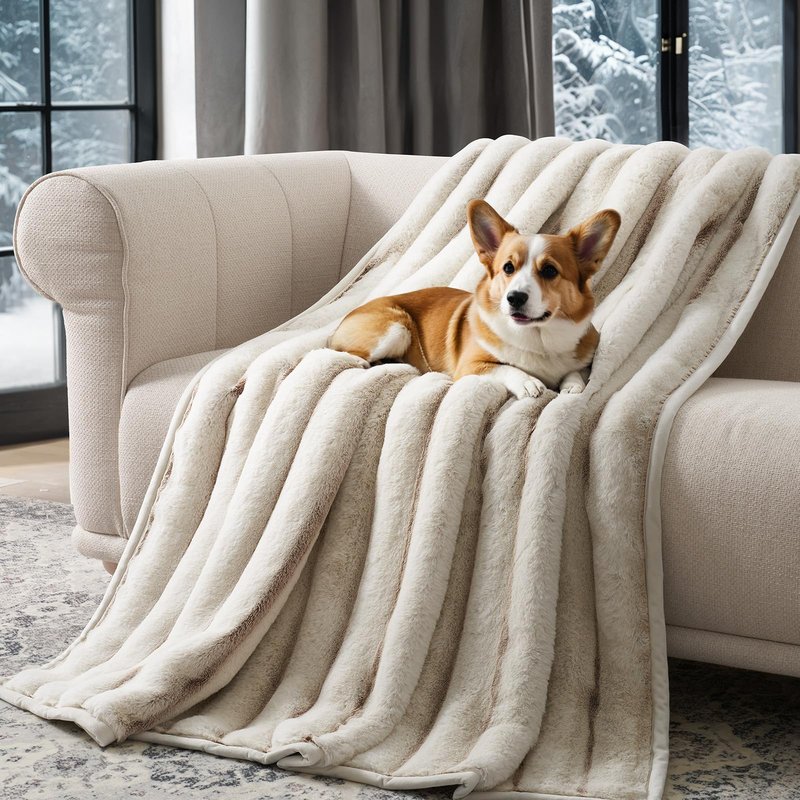 EverGrace Soft Luxury Faux Rabbit Fur Throw Blanket for Couch, Cozy Fluffy Channel Throw Blanket for Bed, Fuzzy Warm Thick Mink Blanket with Reversible Plush Velvet for Winter, Beige, 60"x80", 820GSM