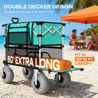 Navatiee 500Lbs Double Decker Wagon, 400L Large Capacity Heavy Duty Beach Cart with 9" Balloon Wheels for Sand, Folding Collapsible Wagon with Side Pocket for Beach, Sport, Camping, Light Blue