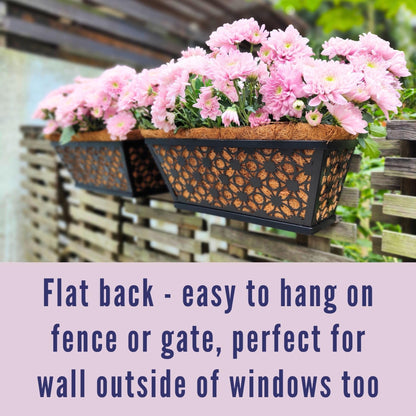 LaLaGreen Window Box Planter for Outdoor Plants (4 Pack, 16 Inch) Black Metal Rectangular Flower Pot Wall Planters with Coco Liner, Modern Horse Trough Railing Garden Balcony, Patio, Fence, and Deck