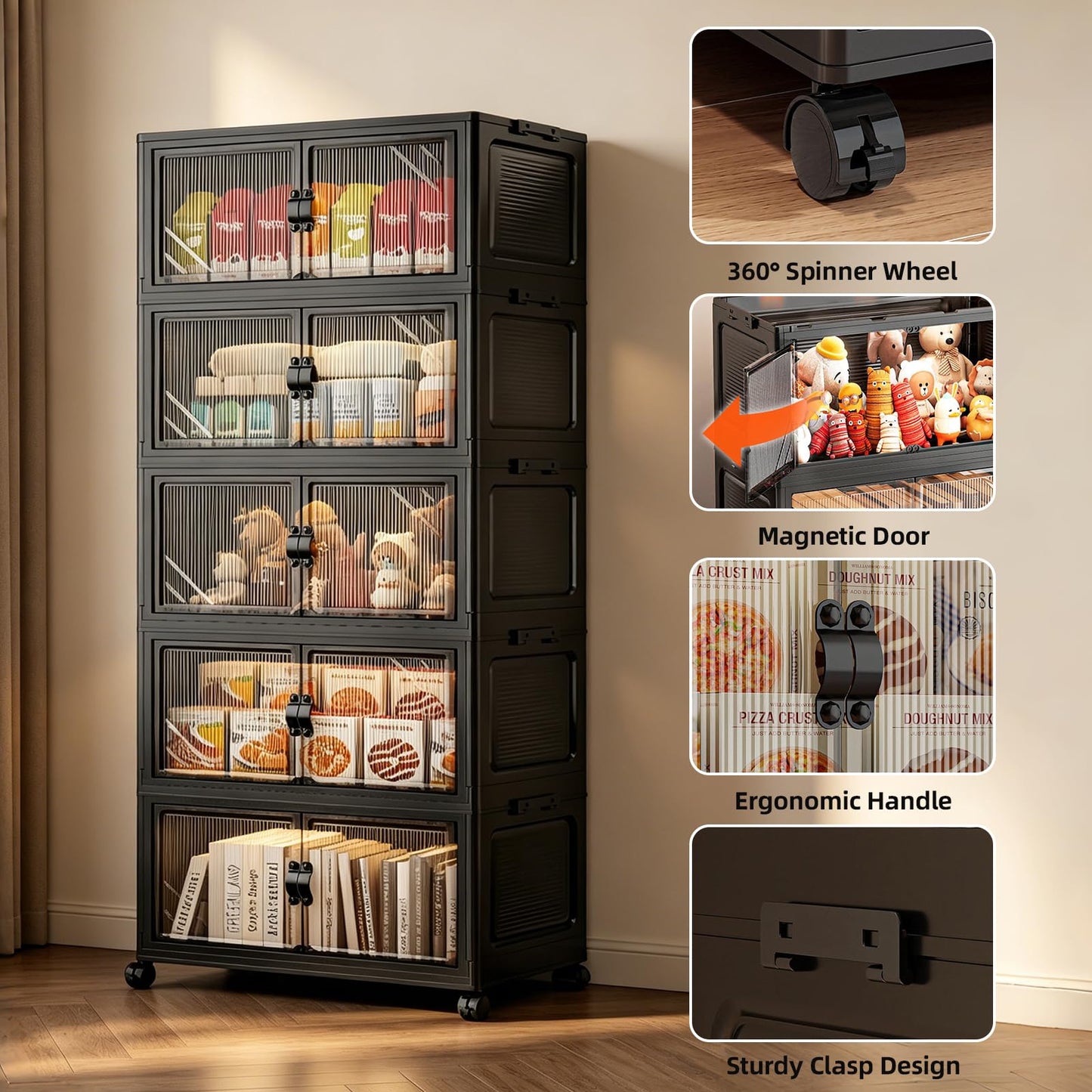 FoldTrend 5-Tier Foldable Storage Cabinet with Wheels & Lid, 242QT Large Stackable Organizer, No Tool Required, Storage Cabinet for Garage, Home Office, Pantry, Kitchen, Dorm