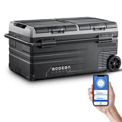 BODEGACOOLER 12 Volt Car Refrigerator, 100 Quart Portable Freezer, Car Fridge Dual Zone WIFI APP Control, -4℉-68℉ Cooler, 12/24V DC and 100-240V AC, for Travel, Camping, Outdoor,RV, black