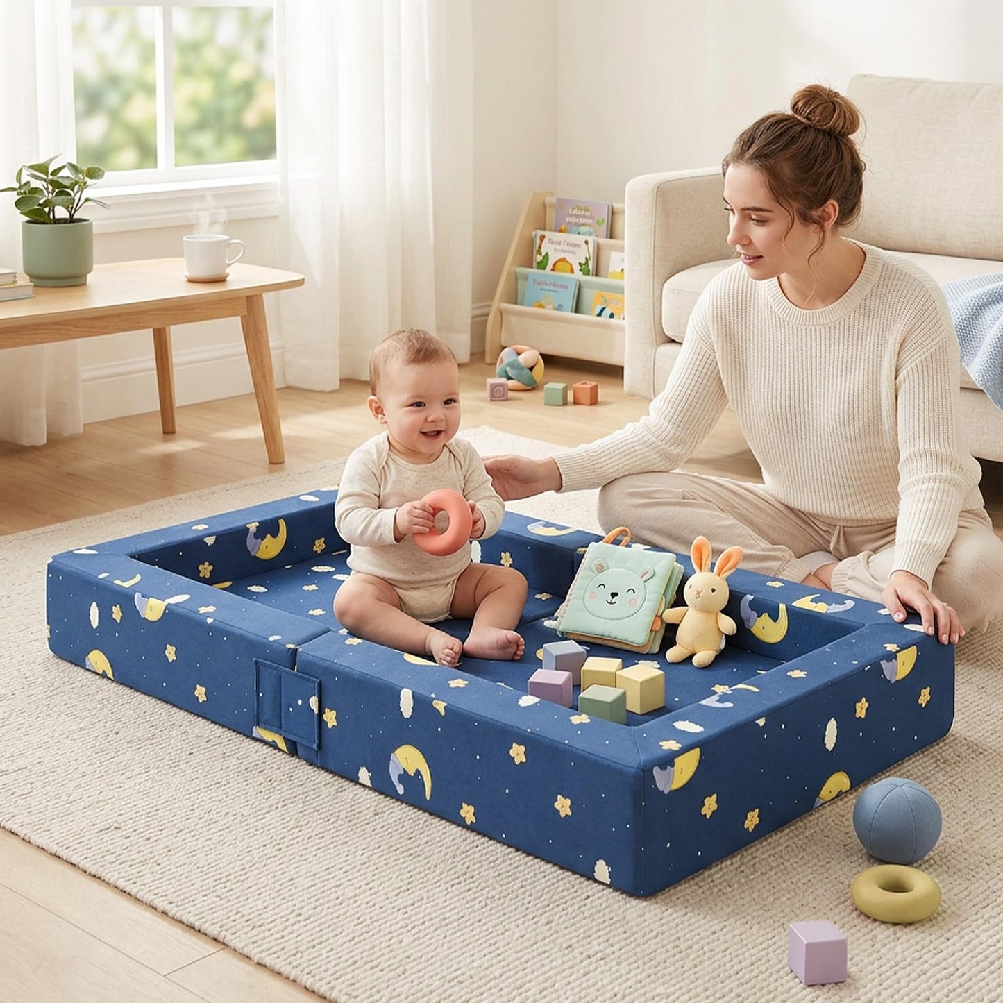 FRUITEAM Portable 3-in-1 Toddler Travel Bed, Soft Fabric & High-Density Foam, Easy-Clean Machine Washable Cover with Moon Star Cloud Print for Camping & Indoor/Outdoor Use - Blue