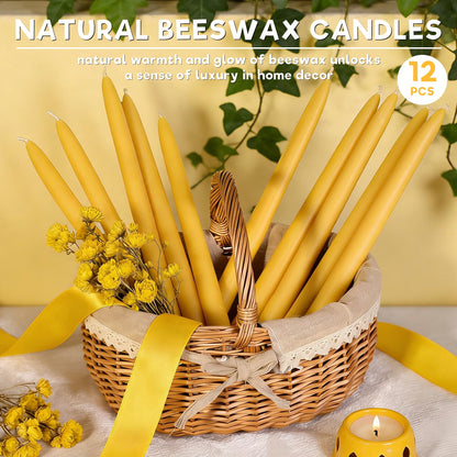 12 Inch Beeswax Taper Candles, 12 Pack Natural Beeswax Candlesticks 12 Hour Extra-Long Burning Time Tapered Beeswax Candle Sticks Smokeless Unscented Emergency Candles Bees Wax Candle for Home Prayer