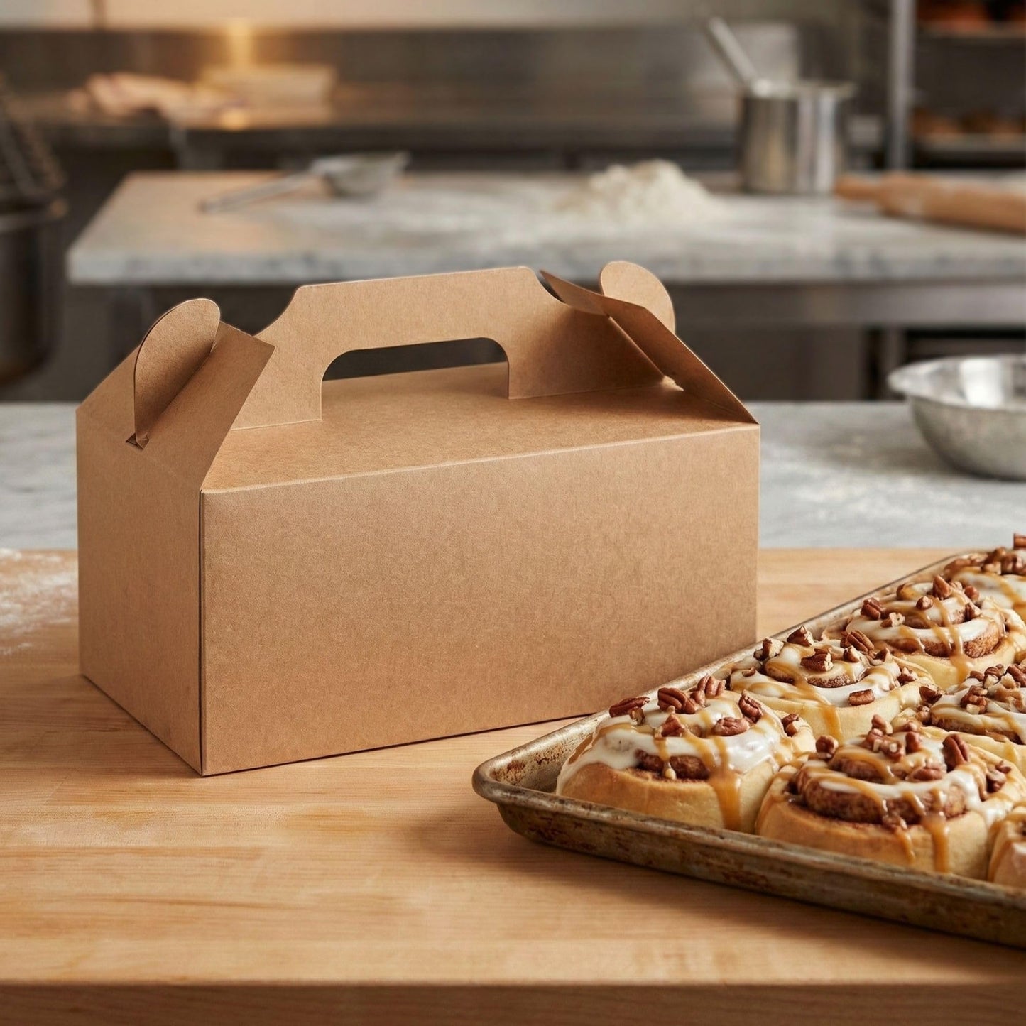 Restaurantware-Bio Tek 10.2 x 5.9 x 6.9 Inch Treat Boxes With Handles, 100 Rectangle Gable Boxes - With Secure Tab, Grease-Resistant, Kraft Paper Cardboard Boxes, Recyclable