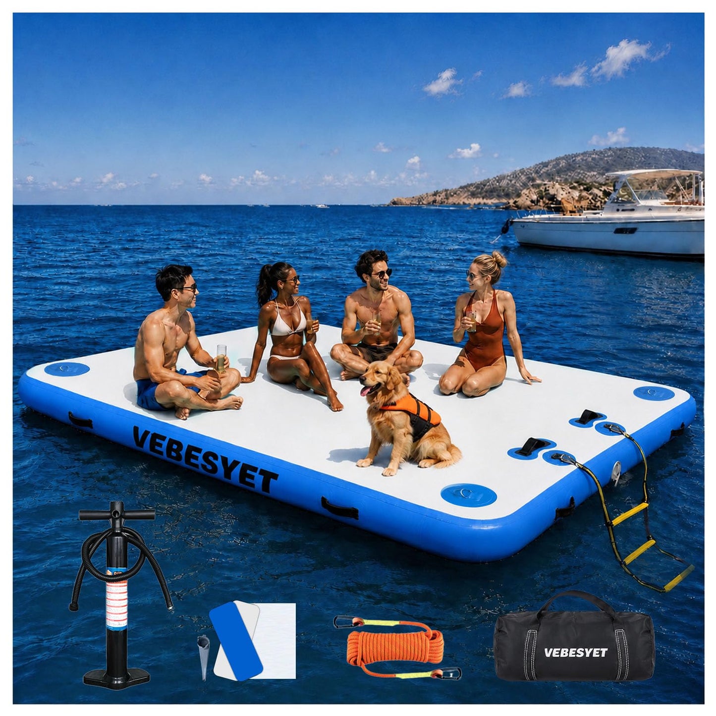 VEBESYET Inflatable Floating Dock with Soft Ladder, 6 inch Thick Non-Slip Inflatable Dock Floating Platform, Durable Drop-Stitch Inflatable Dock for Lake, Ocean, Swimming & Fishing