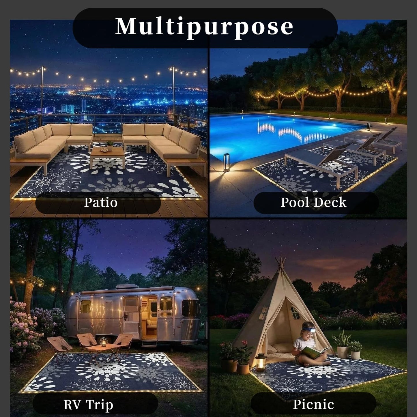 Wallona Outdoor Rugs 8x10 ft Patio Waterproof with Led Strip Lights Indoor Outdoor Carpet for Patio Plastic Straw Reversible Area Rugs Mat for RV, Camping, Beach, Picnic, Porch, Flower Blue & White