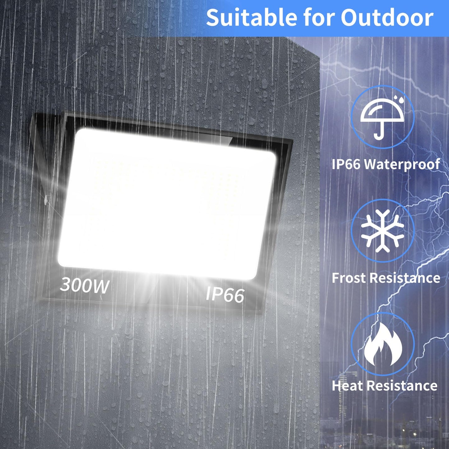 ISUERFY 300W LED Flood Light Outdoor with Plug, 36000LM Ultra Brighter Security Light, IP66 Waterproof Exterior Plug in Floodlight, 5000K Daylight White for Lawn Yard Garden Stadium(2 Pack)
