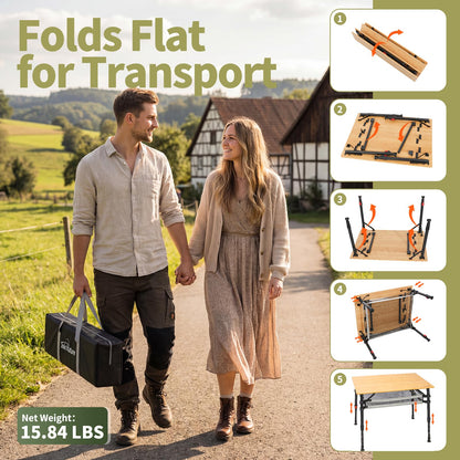 Join Nature 31.5'' Bamboo Folding Camping Table, Adjustable Height Folding Outdoor Table with Aluminum Frame & Mesh Storage, Portable Camp Table with Carry Bag for Camping, RV, Tailgating & Backyard