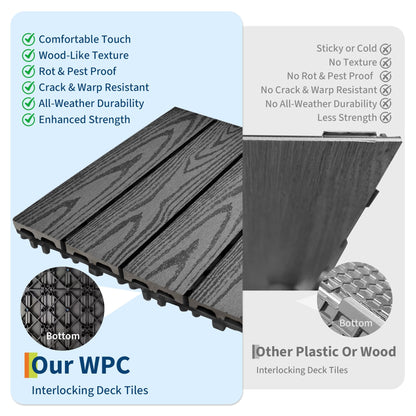CABIHOME 27pcs 12"X12" Hardwood Interlocking Patio Deck Tiles, Waterproof Composite Wood Patio Flooring Tiles, All-Weather Snap-Together Tiles for Garden Poolside Balcony Porch, Grey