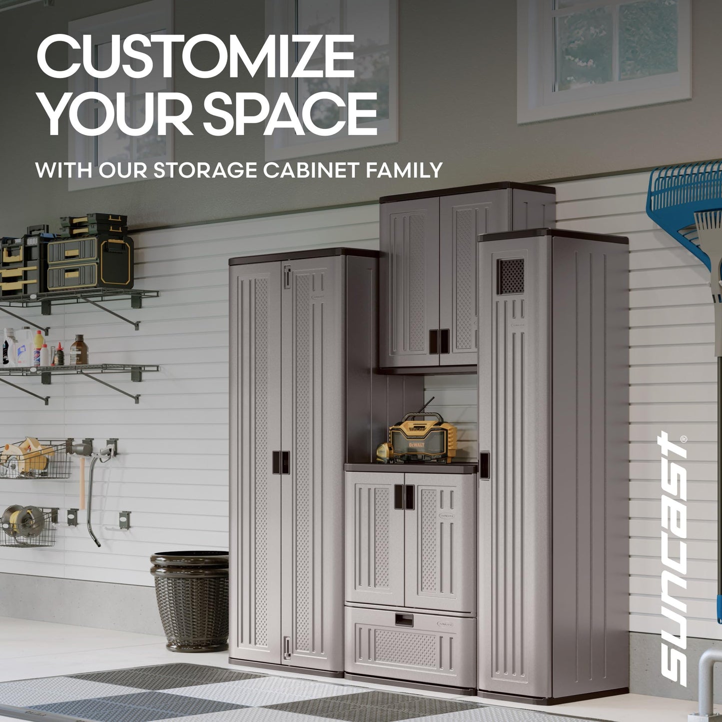 Suncast Tall Storage Cabinet for Garage Organization - 72" Freestanding Utility Closet with Shelving for Garden Supplies, Paint Cans & Outdoor Tools, Multi-Wall Resin Construction, Platinum