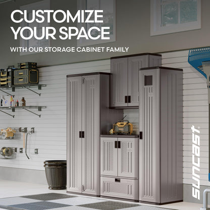 Suncast Tall Storage Cabinet for Garage Organization - 72" Freestanding Utility Closet with Shelving for Garden Supplies, Paint Cans & Outdoor Tools, Multi-Wall Resin Construction, Platinum