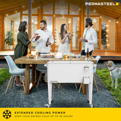 Permasteel Party Cooler with Divider, Spacious 80-Qt Capacity, Chills 36hrs, Serving Tray, Rolling Ice Chest for Indoor and Outdoor Entertainment, Matte White