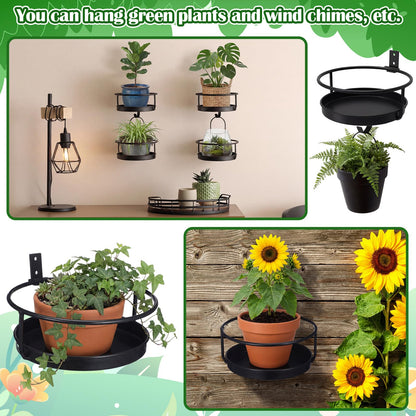 Lounsweer 2 Pack Wall Plant Holder with Hooks Metal Flower Pot Wall Hanging Shelf Black Indoor Outdoor Decor 7 Inch Floating Shelf Planter Hanger Bird Feeder Tray for Bedroom Living Room Porch Balcony