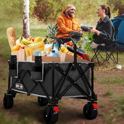 Overmont Collapsible Wagon Cart with Wheels - 180L Foldable Heavy Duty Wagon with Big All-Terrain Wheels - 330Lbs Weight Capacity with Side Pockets for Camping Sports Garden Grocery Shopping Black