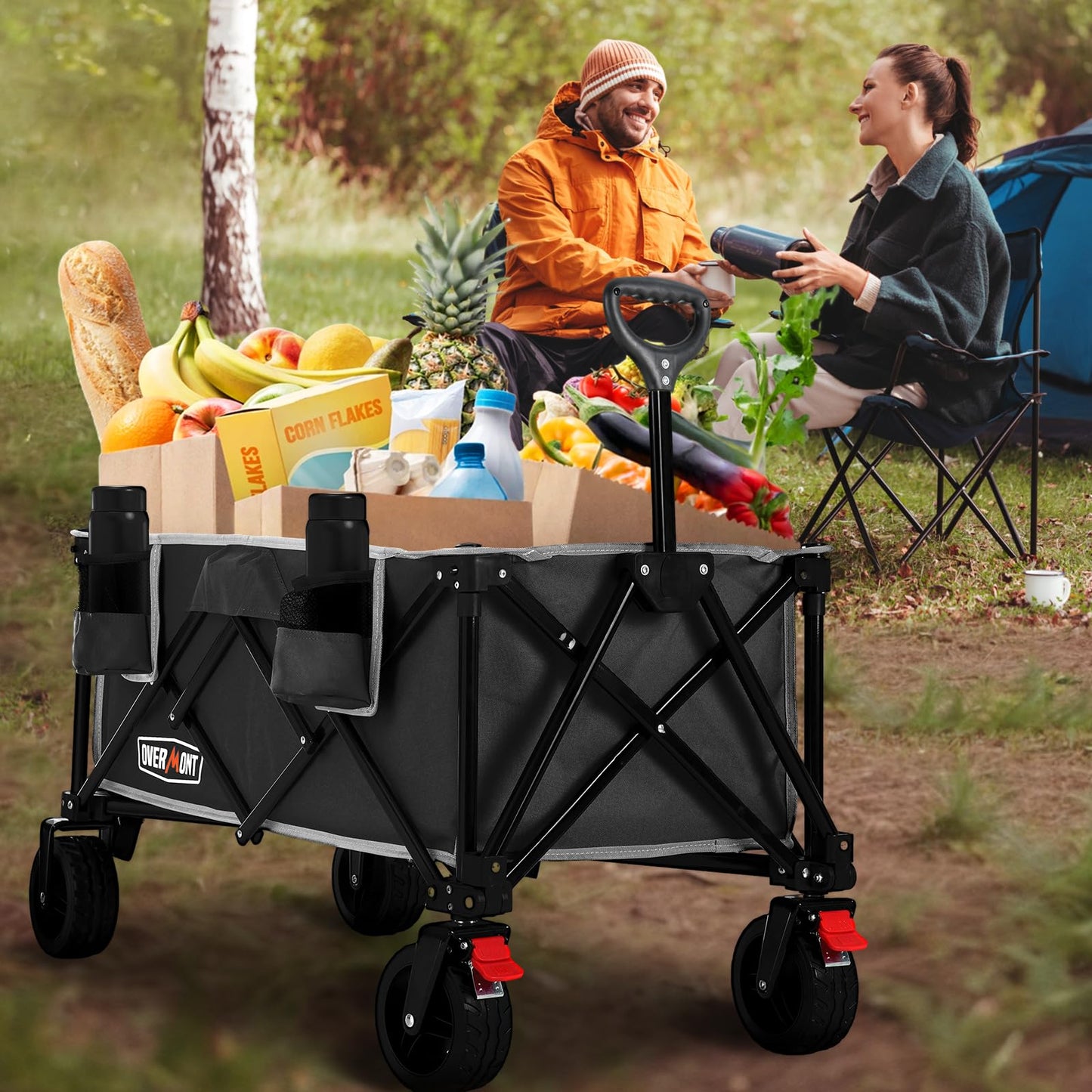Overmont Collapsible Wagon Cart with Wheels - 180L Foldable Heavy Duty Wagon with Big All-Terrain Wheels - 330Lbs Weight Capacity with Side Pockets for Camping Sports Garden Grocery Shopping Black