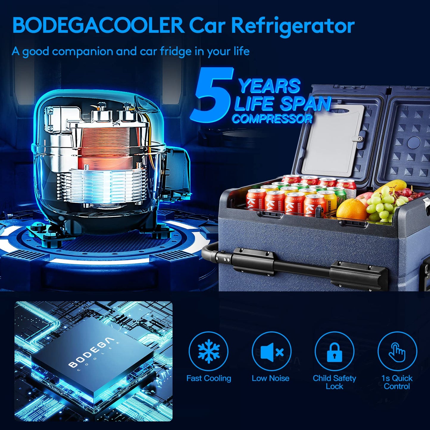 BODEGACOOLER 12 Volt Car Refrigerator,59 Quart (55L)12v Portable refrigerator,Car Fridge Freezer, -4℉-68 Car Cooler 12/24V DC and 100-240V AC for RV, Camping,Travel,Dual Zone With APP Control(2 Doors)