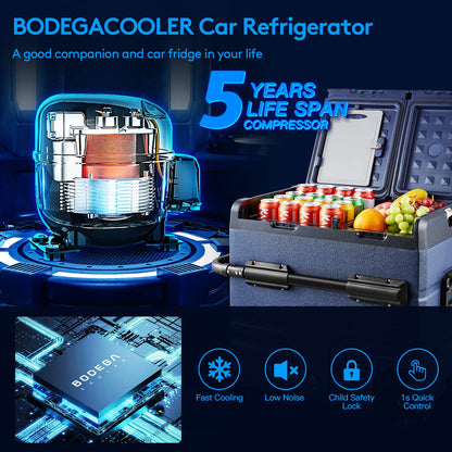 BODEGACOOLER 12 Volt Car Refrigerator,59 Quart (55L)12v Portable refrigerator,Car Fridge Freezer, -4℉-68 Car Cooler 12/24V DC and 100-240V AC for RV, Camping,Travel,Dual Zone With APP Control(2 Doors)