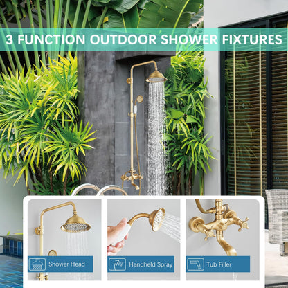 MOSSON Antique Brass Shower System Bathroom Shower Faucet Set with 8 Inch Shower Head Handheld Spray and 360 ° Rotation Tub Spout 2 Cross Handles Outdoor Shower Fixtures